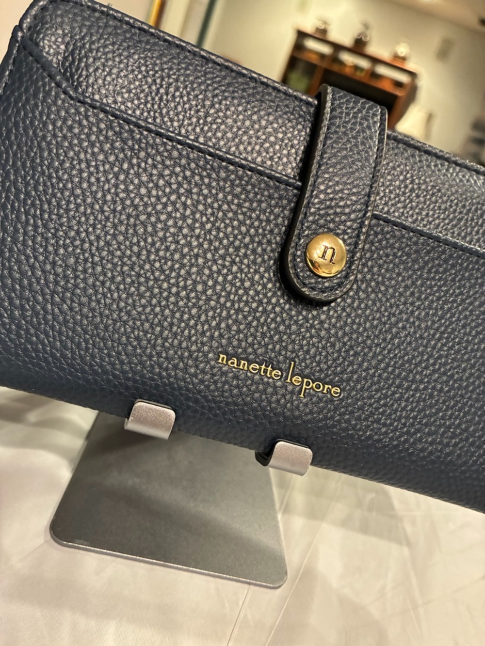 Nanette Lepore Navy Blue Pebbled Leather Bifold Wallet with Gold Hardware - Picture 12 of 12